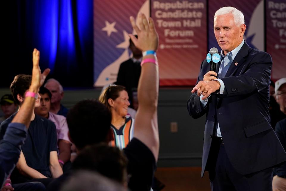 Republican presidential candidate Mike Pence responds to questions during the Seacoast Media Group and USA TODAY Network 2024 Republican Presidential Candidate Town Hall Forum held in the historic Exeter Town Hall in Exeter, New Hampshire. The former Vice President of the United States and former Governor of Indiana spoke to prospective New Hampshire voters about issues during the hour-long forum.