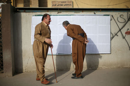 People look at their names in the lists at a polling station, during Kurds independence referendum in Erbil, Iraq September 25, 2017. REUTERS/Ahmed Jadallah