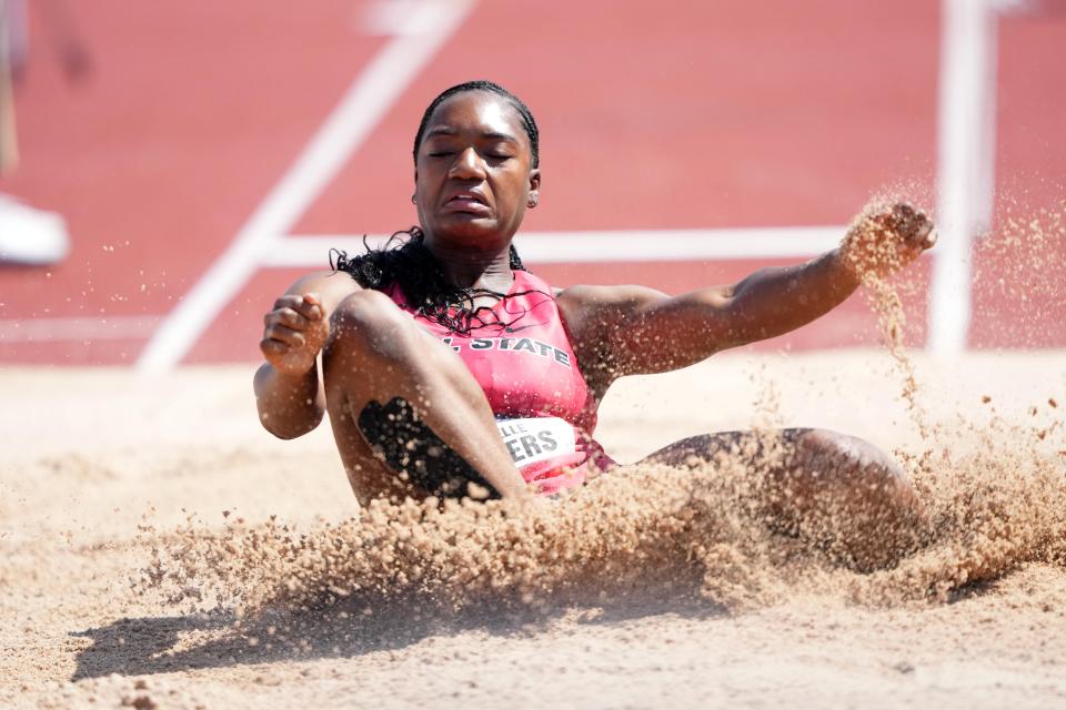 Jun 10, 2023; Austin, TX, USA; Jenelle Rogers of Ball State jumps 20-0 (6.32m) in the heptathlon long jump during the NCAA Track & Field Championships at Mike A. Myers Stadium.