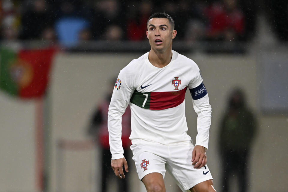 LUXEMBOURG, LUXEMBOURG - MARCH 26: Cristiano Ronaldo of Portugal in action during the UEFA EURO 2024 Qualifying Round Group J match between Luxembourg and Portugal at Stade de Luxembourg on March 26, 2023 in Luxembourg. (Photo by Will Palmer/Sportsphoto/Allstar via Getty Images)