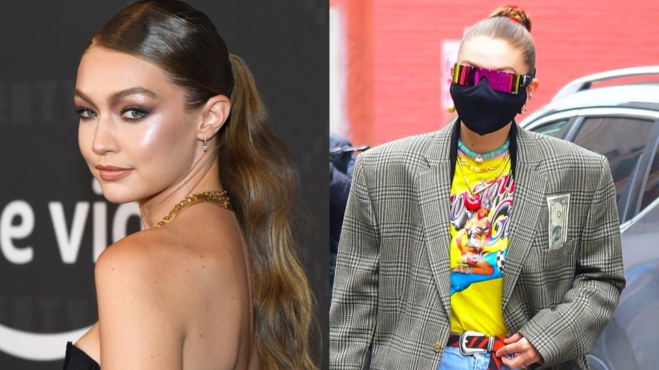 Gigi Hadid has been spotted wearing an affordable MasQd face mask - and it's on sale for 60% off. (Images via Getty Images)