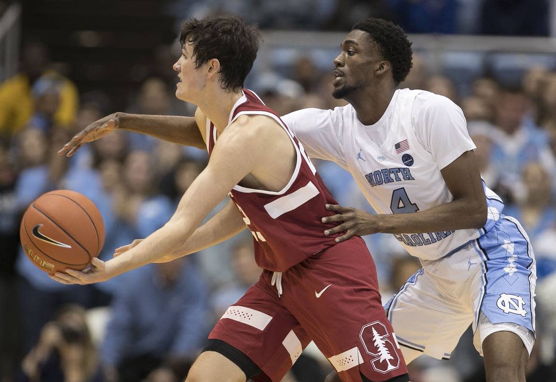 Cormac Ryan (left) and the Stanford Cardinal took on North Carolina in a game earlier this month. North Carolina won 90-72.