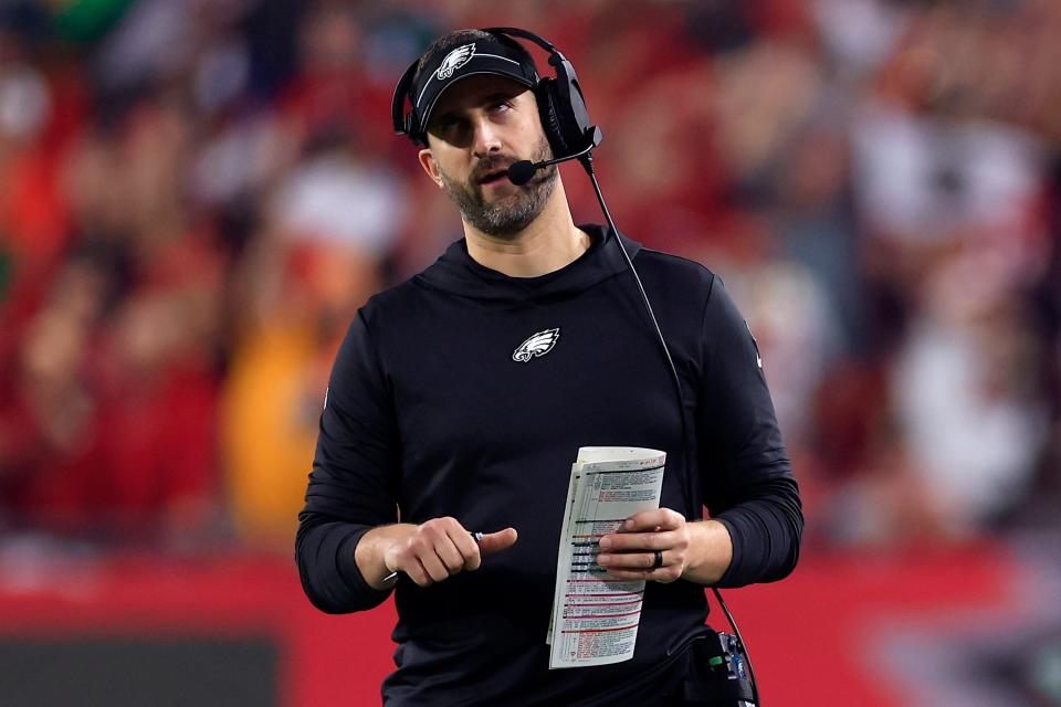 Head coach Nick Sirianni of the Philadelphia Eagles reacts against the Tampa Bay Buccaneers during the fourth quarter in the NFC Wild Card Playoffs at Raymond James Stadium on January 15, 2024 in Tampa, Florida.