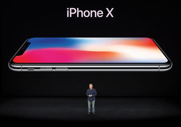 Apple executive Phil Schiller standing in front of a projection of an image of the iPhone X.