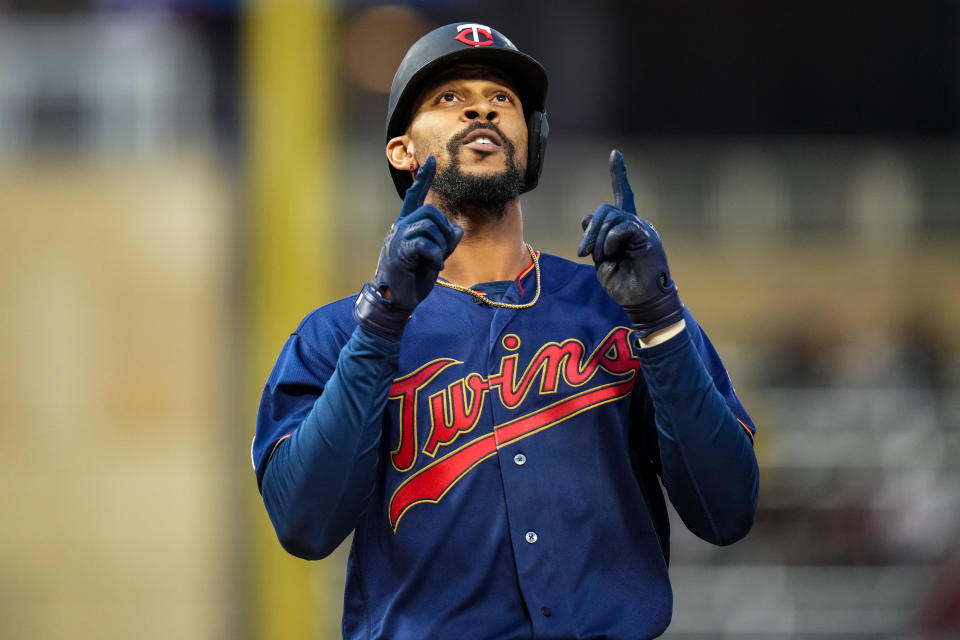 MINNEAPOLIS, MN - SEPTEMBER 30: Byron Buxton #25 of the Minnesota Twins celebrates a home run against the Detroit Tigers on September 30, 2021 at Target Field in Minneapolis, Minnesota. (Photo by Brace Hemmelgarn/Minnesota Twins/Getty Images)