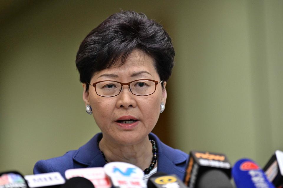 Chief Executive Carrie Lam is pictured holding a press conference in Hong Kong.