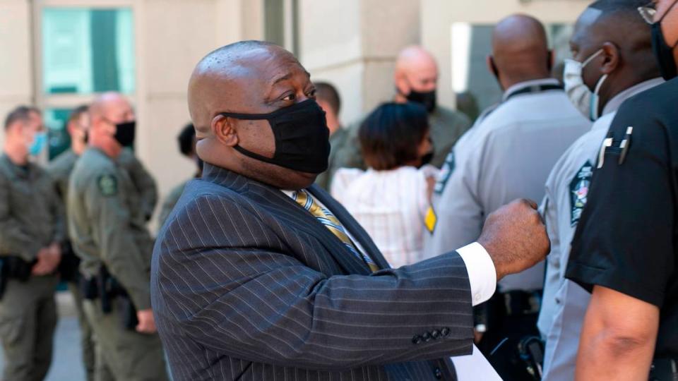 Wake County Sheriff Gerald Baker outside the Wake County Pubic Safety Center on Salisbury Street during a press briefing on Wednesday, October 7, 2020 in Raleigh, N.C.