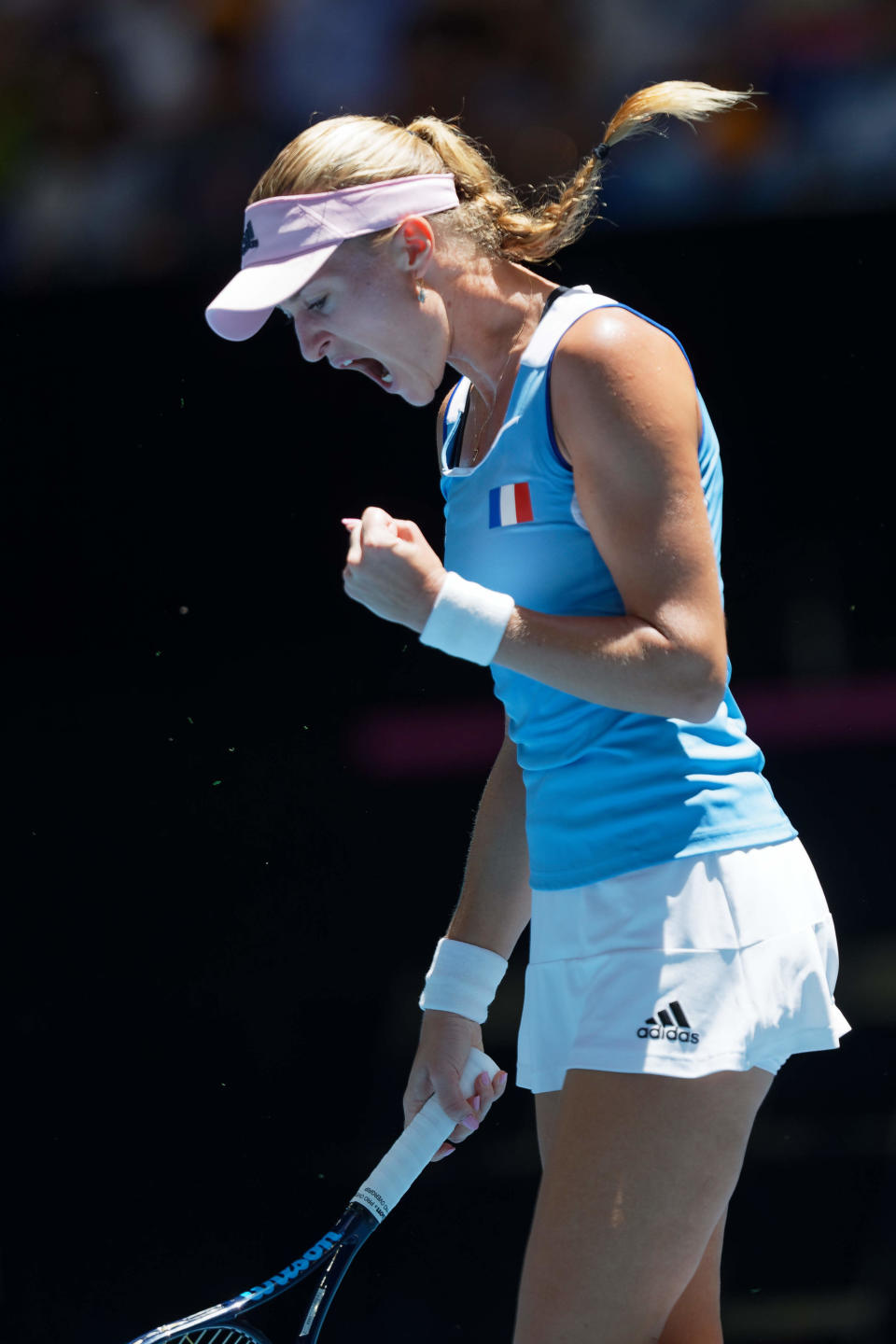 France's Kristina Mladenovic reacts after winning a point against Australia's Ajla Tomljanovic during their Fed Cup tennis final in Perth, Australia, Saturday, Nov. 9, 2019. (AP Photo/Trevor Collens)