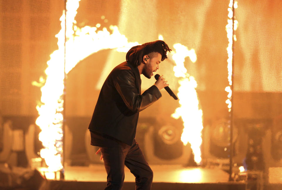 FILE - In this Sunday, Nov. 22, 2015, file photo, the Weeknd performs at the American Music Awards at the Microsoft Theater in Los Angeles. The Weeknd had the No. 1 song of 2020 but “Blinding Lights” was not nominated for a Grammy Award. (Photo by Matt Sayles/Invision/AP, File)