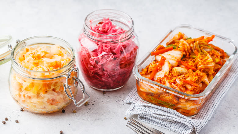 Kimchi and sauerkraut in jars