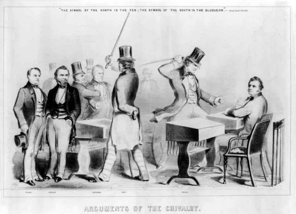 A contemporary cartoon lampoons Rep. Preston Brooks, who attached Sen. Charles Sumner in Senate chambers on May 22, 1856.