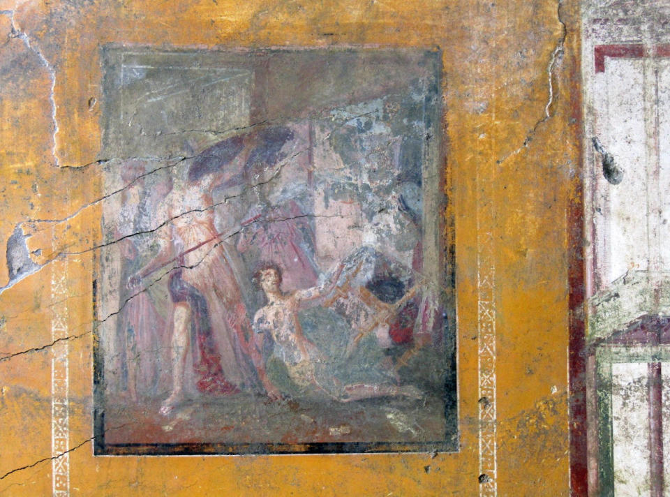 A fresco covers the wall at the room of an ancient domus during archaeological excavations in the ancient archeological site of Pompeii, Italy. / Credit: Parco Archeologico di Pompei/Handout via REUTERS