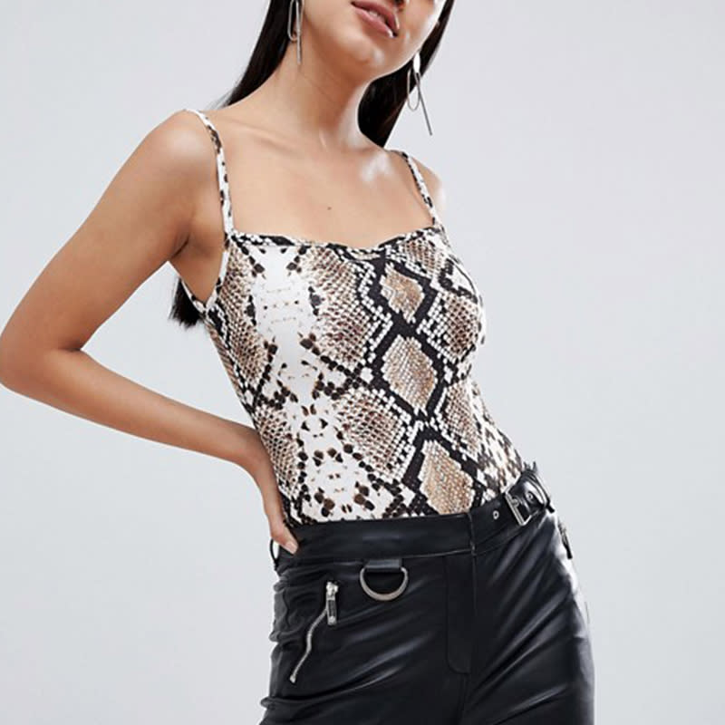 <a rel="nofollow noopener" href="https://rstyle.me/n/c6sxq4chdw" target="_blank" data-ylk="slk:Lasula Body in Snake Print, ASOS, $29If you feel like switching up your evening wear, pair this with a pair of silky trousers. You’ll find it can be styled in surprisingly sophisticated ways.;elm:context_link;itc:0;sec:content-canvas" class="link ">Lasula Body in Snake Print, ASOS, $29<p><span>If you feel like switching up your evening wear, pair this with a pair of silky trousers. You’ll find it can be styled in surprisingly sophisticated ways.</span></p> </a>