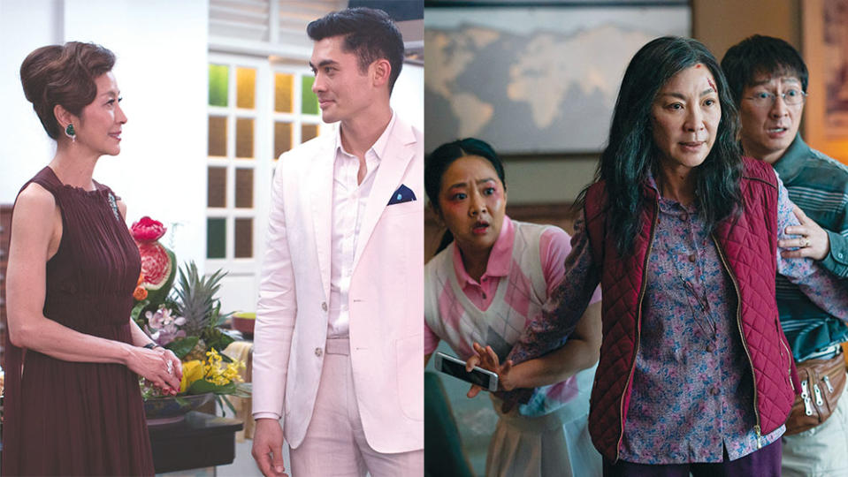 From left Michelle Yeoh with Henry Golding in Crazy Rich Asians; and Stephanie Hsu, Yeoh and Ke Huy Quan in Everything Everywhere All at Once.