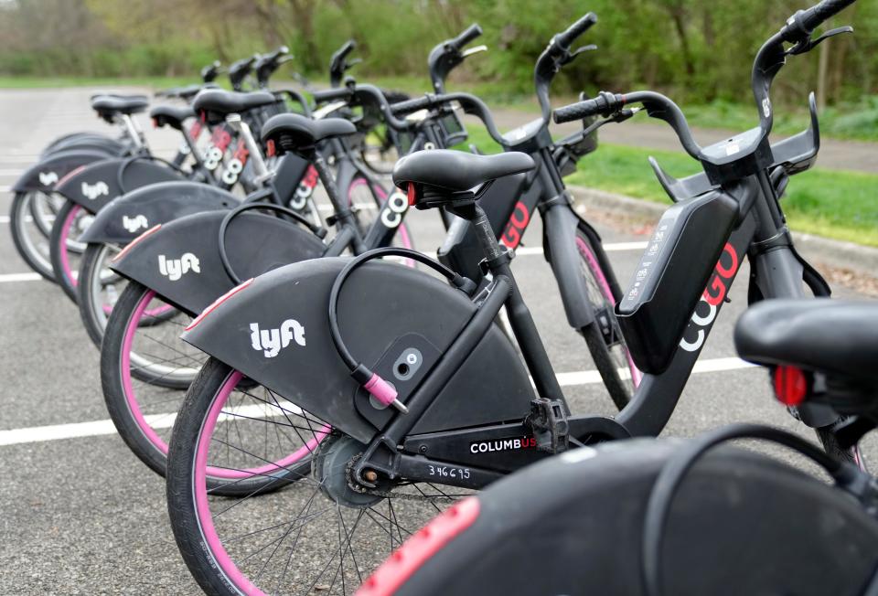 CoGo bicycles were available for people to try during a test Wednesday afternoon by the city of Columbus of a temporary, separated bike lane on East Broad Street between Franklin Park West and the entrance to Wolfe Park on the East Side.