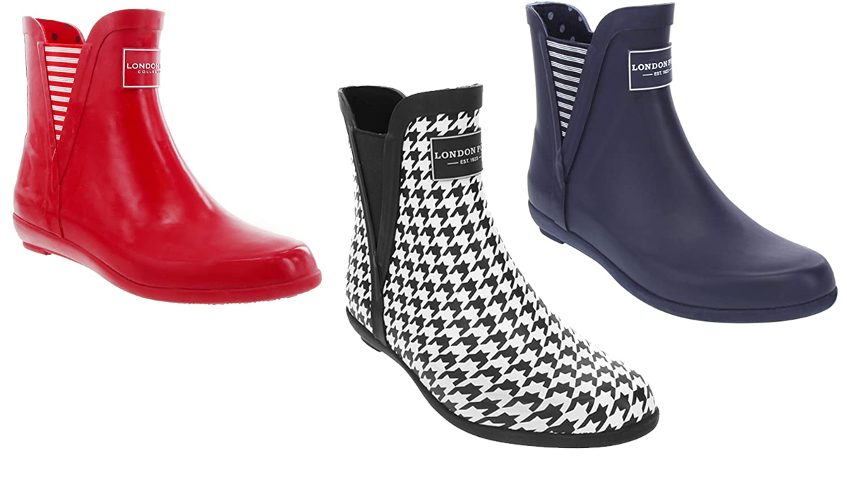 London Fog Piccadilly rain boots in red, houndstooth and navy