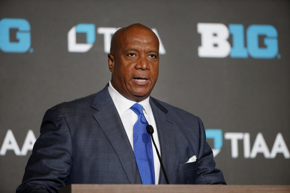 Big Ten Commissioner Kevin Warren speaks during Big Ten NCAA college basketball Media Days Wednesday, Oct. 12, 2022, in Minneapolis. (AP Photo/Bruce Kluckhohn)