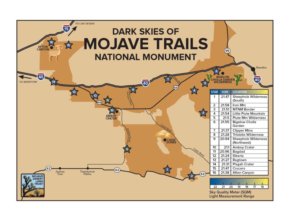 A map showing the sky quality meter light measurements for various locations in Mojave Trails National Monument. The darkest location is at Iron Mountain.