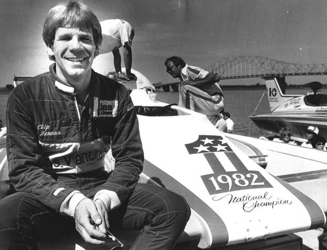 This photo, published on July 30, 1983, shows Atlas Van Lines unlimited hydroplane driver Chip Hanauer posed on the boat before competing in a 2-mile world qualifying record with a speed of 131.387.