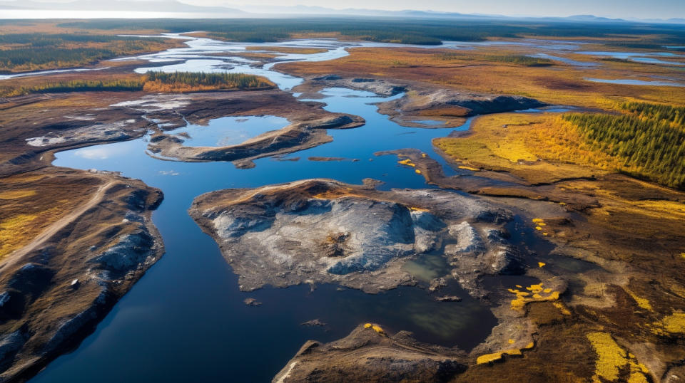 An aerial view of a gold mining claim in the Kuskokwim region of southwestern Alaska.