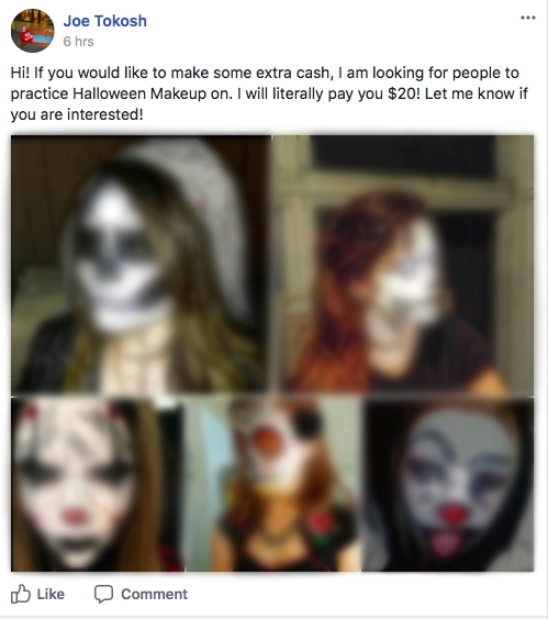 In this Facebook post obtained through police records, Joseph Tokosh offers money to students willing to wear "Halloween Makeup." Note: USA TODAY blurred the photo to protect the women's identities.