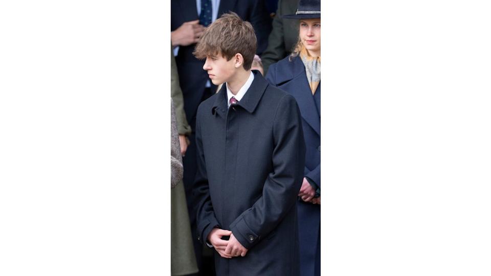 James, Earl of Wessex attends the Christmas Day service at St Mary Magdalene Church in navy coat 