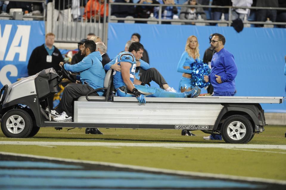 Carolina Panthers linebacker Luke Kuechly went down with a scary looking injury late in Thursday's win. (AP)