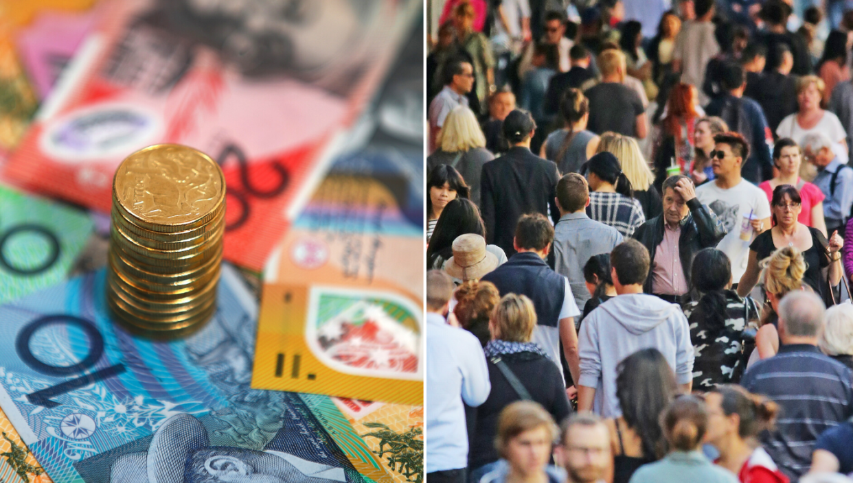 Australian currency and a crowd of people walking to represent high paying jobs.