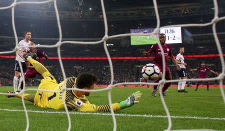 Soccer Football - Premier League - Tottenham Hotspur vs Manchester City - Wembley Stadium, London, Britain - April 14, 2018 Manchester City's Raheem Sterling scores their third goal REUTERS/David Klein