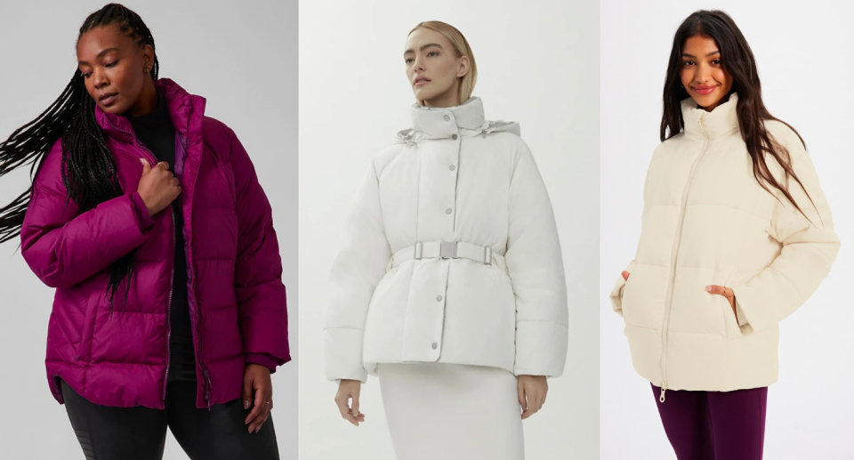 Models pose while wearing women's sustainable puffer coats.