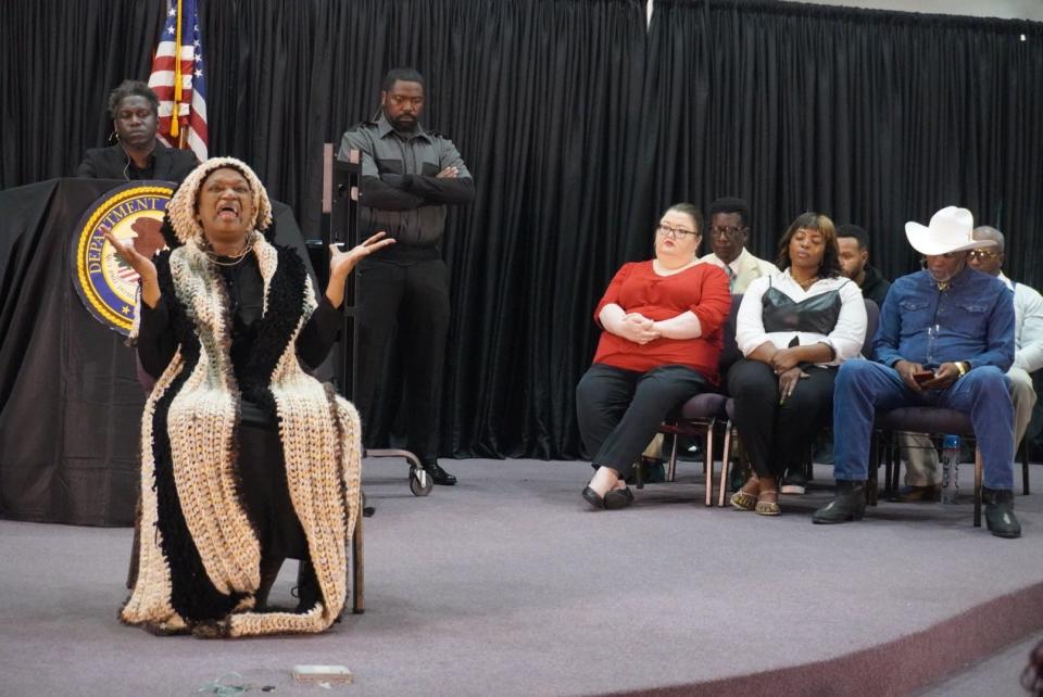 Alicia Robinson Cooper, center, a native of Gainesville, portrays Harriet Tubman in the off-Broadway production of "Justice on Trial: Reloaded" that was presented at Upper Room Ministries in northeast Gainesville as part of a month-long celebration recognizing Juneteenth locally.