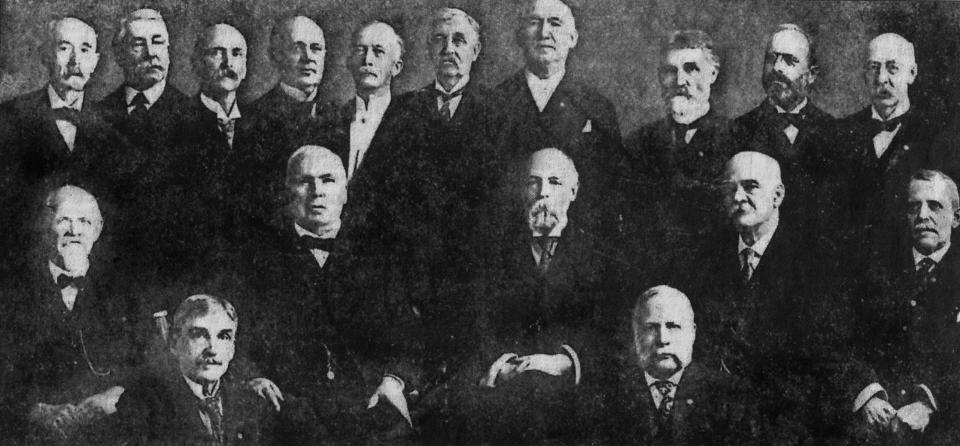 Thomas R. Proctor, Utica's great benefactor, joins other Uticans who had fought in the Civil War with the Union Army and Navy at a reunion in Utica at the turn of the 20th century. Seated left to right: David Magill, George S. Dana (president of the Utica Chamber of Commerce from 1900 to 1902), Thomas Wheeler (mayor of Utica in 1891 and again in 1907), Proctor (whose heroic deeds as a 20-year-old in the Union Navy earned him the prestigious “Gold Star”), D.C. Hurd ( head of the Hurd & Fitzgerald Shoe Co.), Rufus Daggert (a colonel with the 117th Regiment from Oneida County), and Charles Ballou. Standing from left: Herman Clarke, John B. Jones, Lewis A. Jones, John Hoxie (president of the Utica Chamber of Commerce from 1898 to 1900), H.F. Slawson, Edwin H. Risley, George A, Reynolds, Charles H. Searle, John Kohler and H.I. Johnson. Clarke and Magill are not Uticans.