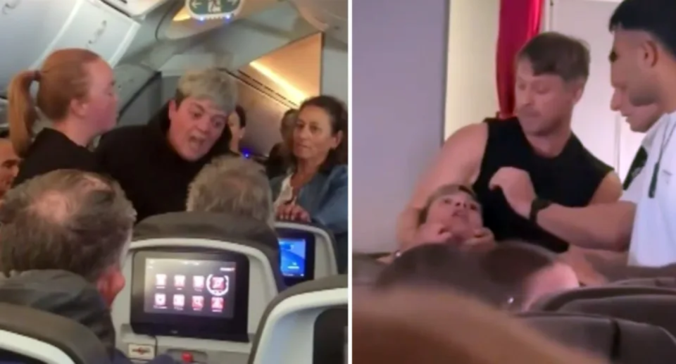 Screenshots from the footage of the passenger's tirade turning abusive while on the Jetstar flight to Bali.