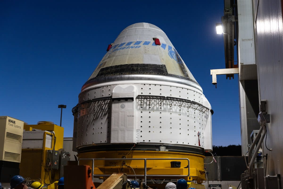 Boeing's Starliner spacecraft arrives at the Vertical Integration Facility at Space Launch Complex-41 at Cape Canaveral Space Force Station in Florida on Tuesday, April 16, 2024. (NASA/Kim Shiflett)