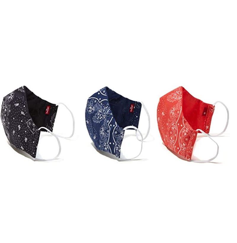 Levi's Re-Usable Bandana Print Reversible Face Mask (Pack of 3), Small, Dress Blues/Caviar/Poppy Red