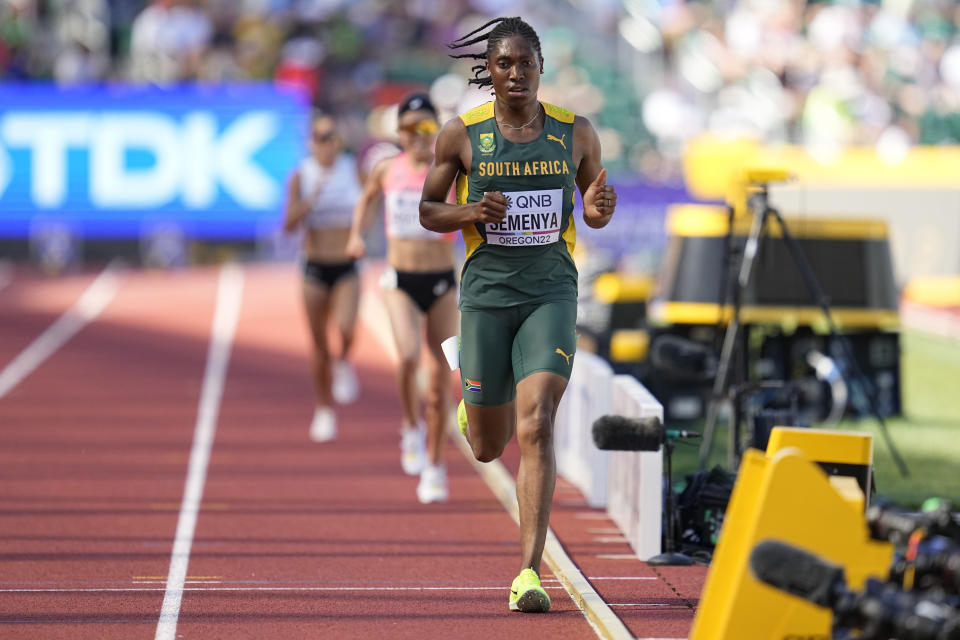 Caster Semenya, of South Africa, competes during a heat in the women's 5000-meter run at the World Athletics Championships on Wednesday, July 20, 2022, in Eugene, Ore. (AP Photo/Ashley Landis)