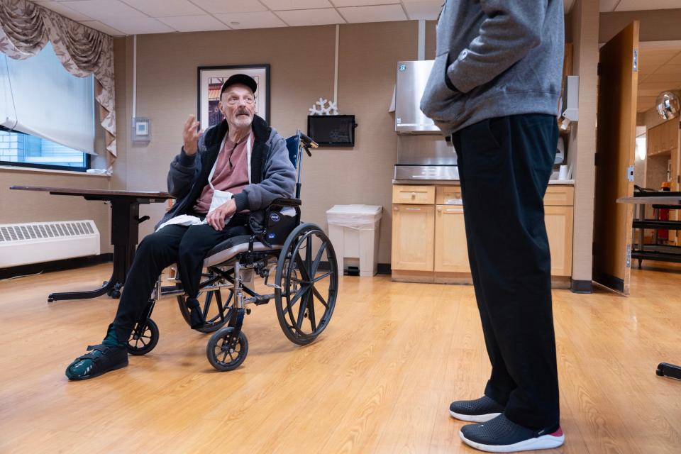 Dan Harp, of Collaborative Support Programs of New Jersey, visit with Gary as he is staying in a rehabilitation facility after having his leg amputated. Gary has been waiting for some documents to arrive so he can get his NJ State identification card with the assistance from CSPNJ.