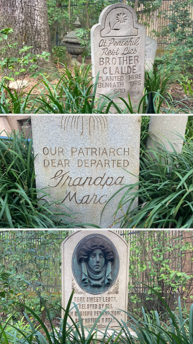 The three gravestones: "Our Patriarch Dear Departed Grandpa Marc," "Dear Sweet Leota, Beloved by All," and "At Peaceful Rest Lies Brother Claude, Planted Here Beneath This Sod"