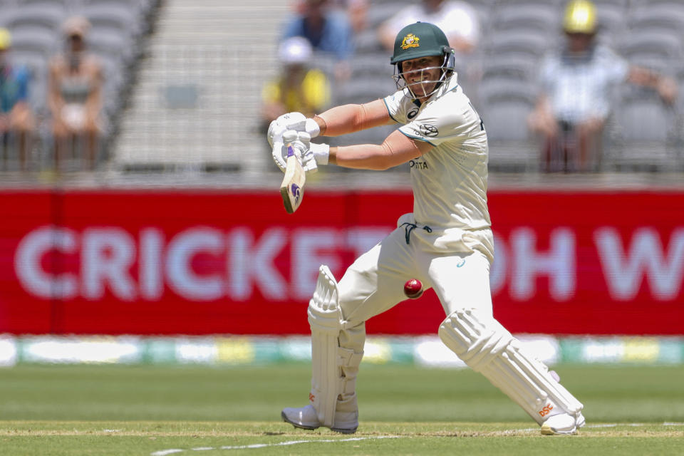 David Warner of Australia bats during play on the first day of the first cricket test between Australia and Pakistan in Perth, Australia, Thursday, Dec. 14, 2023. (Richard Wainwright/AAP Image via AP)