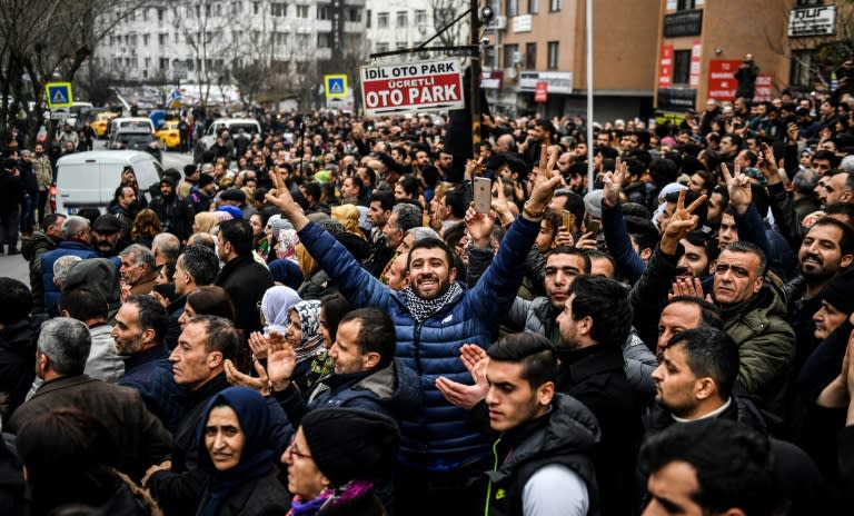 People gathered outside Bakirkoy courthouse in Istanbul to support Selahattin Demirtas, the jailed co-chair of the Peoples' Democratic Party (HDP)