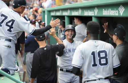 Sep 29, 2018; Boston, MA, USA; New York Yankees second baseman Gleyber Torres (25) is greeted in the dugout after hitting a two run home run during the fourth inning against the Boston Red Sox at Fenway Park. Bob DeChiara-USA TODAY Sports