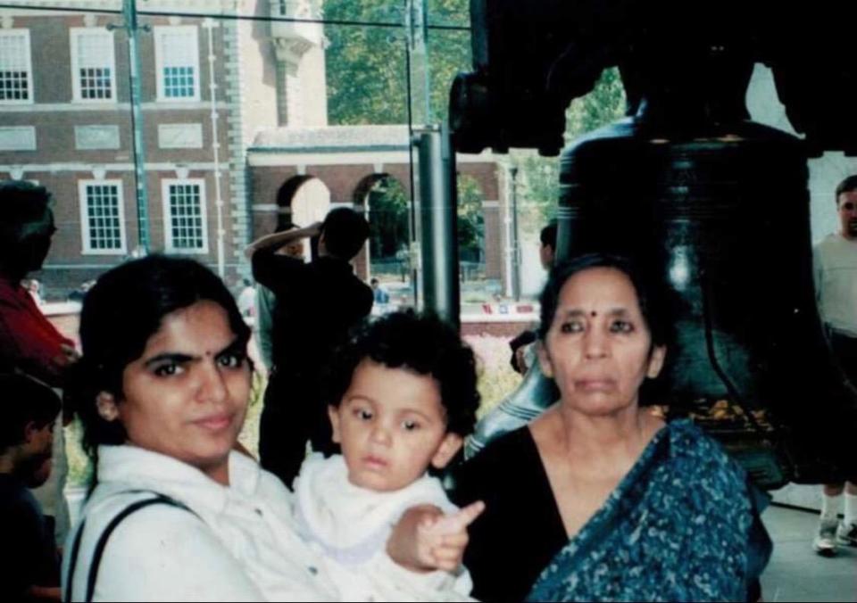 Padma Danturty when she was a baby with her mother and grandmother at the Liberty Bell in Philadelphia. Danturty is today 19 and a student at the University of Michigan. She may have to leave the country when she turns 21 because her parents, though they have work visas, don't have green cards. She has lived in the U.S. since she was 8 months old.