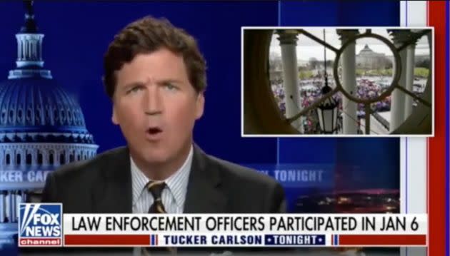 Tucker Carlson spreads a baseless conspiracy theory about the Jan. 6 Capitol riot during an episode of his show on Fox News on June 15, 2021. (Photo: Screenshot)
