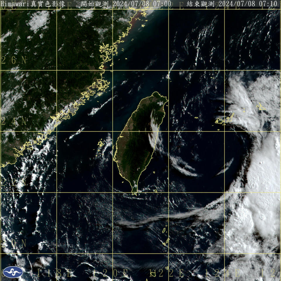 太平洋高氣壓中心近似滯留，今天吹的是東南風、環境較不穩定。迎風面東南部、恆春半島將有局部陣雨。   圖：中央氣象署／提供