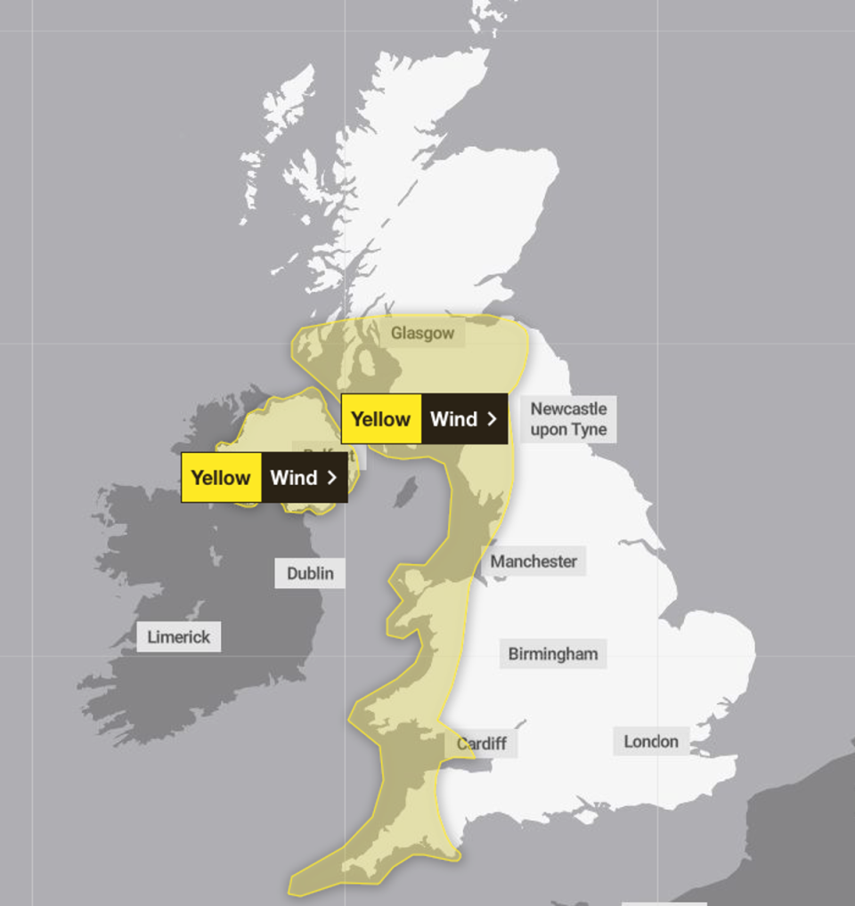 The Met Office warning for Saturday covers the west of the UK (Met Office)