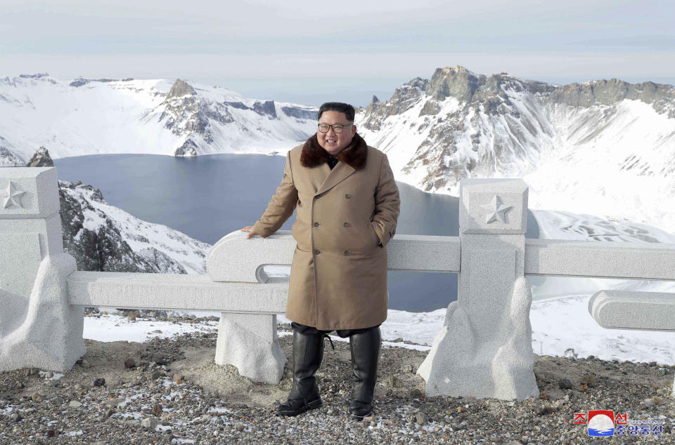 This undated photo provided on Wednesday, Dec. 4, 2019, by the North Korean government shows North Korean leader Kim Jong Un visits Mount Paektu, North Korea. North Korea says leader Kim has taken a second ride on a white horse to a sacred mountain in less than two months. Independent journalists were not given access to cover the event depicted in this image distributed by the North Korean government. The content of this image is as provided and cannot be independently verified. Korean language watermark on image as provided by source reads: "KCNA" which is the abbreviation for Korean Central News Agency. (Korean Central News Agency/Korea News Service via AP)