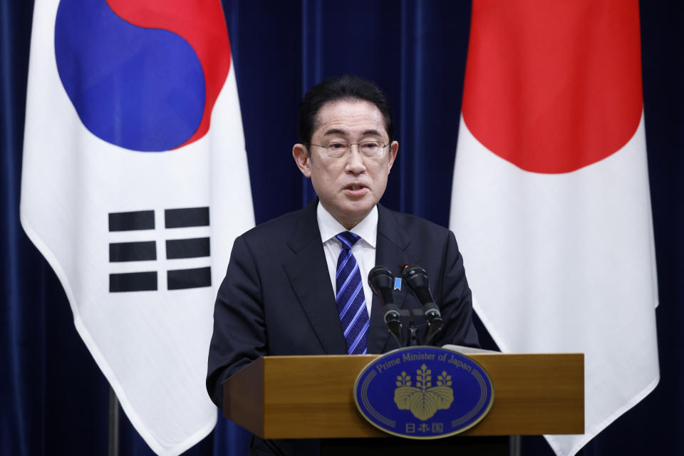 Fumio Kishida, Japan's prime minister, speaks during a joint news conference with Yoon Suk Yeol, South Korea's president, not pictured, at the prime minister's official residence in Tokyo, Japan, Thursday, March 16, 2023. (Kiyoshi Ota/Pool Photo via AP)