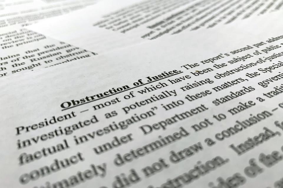 William Barr’s letter to Congress summarizing the findings of Mueller’s report. <a href="http://www.apimages.com/metadata/Index/Trump-Russia-Probe/fb81cf81c274490e90b6a3d6b162287c/6/0" rel="nofollow noopener" target="_blank" data-ylk="slk:AP Photo/Jon Elswick;elm:context_link;itc:0;sec:content-canvas" class="link ">AP Photo/Jon Elswick</a>