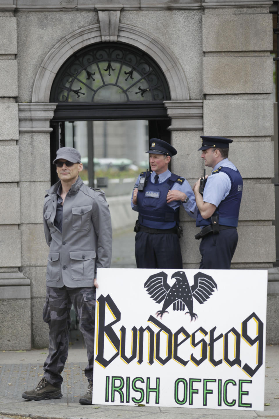 A supporter of the No campaign protests outside Leinster House (Irish Parliament), Dublin, Ireland, Wednesday, May 30, 2012. Ireland goes to the polls Thursday to vote on the European Fiscal Treaty Referendum. (AP Photo/Peter Morrison)