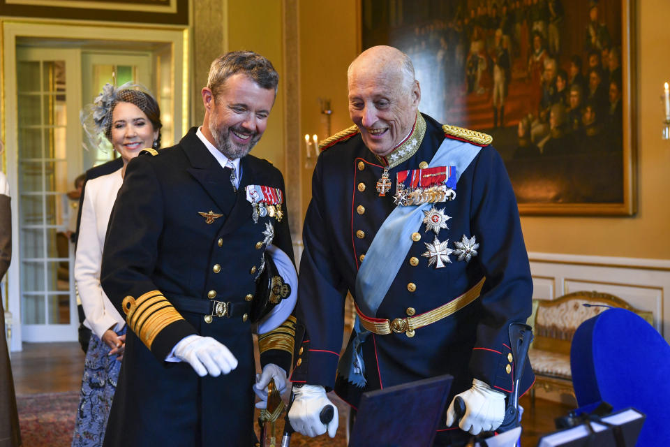 Norway's King Harald, right, and Denmark's King Frederik at the Palace in Oslo, Norway, Tuesday, May 14, 2024. (Rodrigo Freitas, Pool Photo via AP)